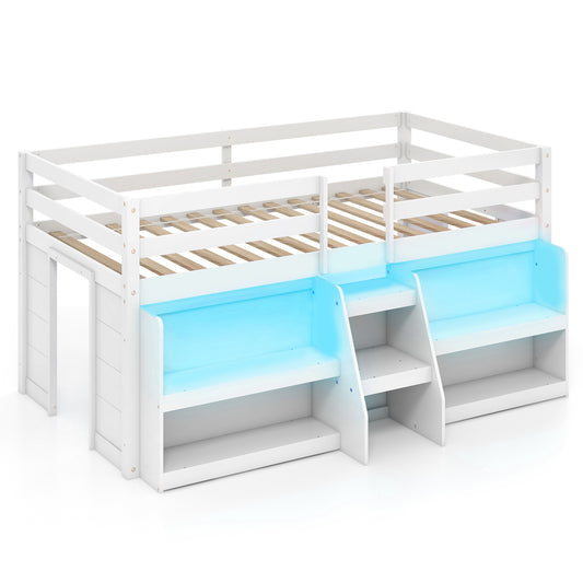 Twin Size Loft Bed with LED Lights with Staircase and Safety Guardrail-White Kids Crystal