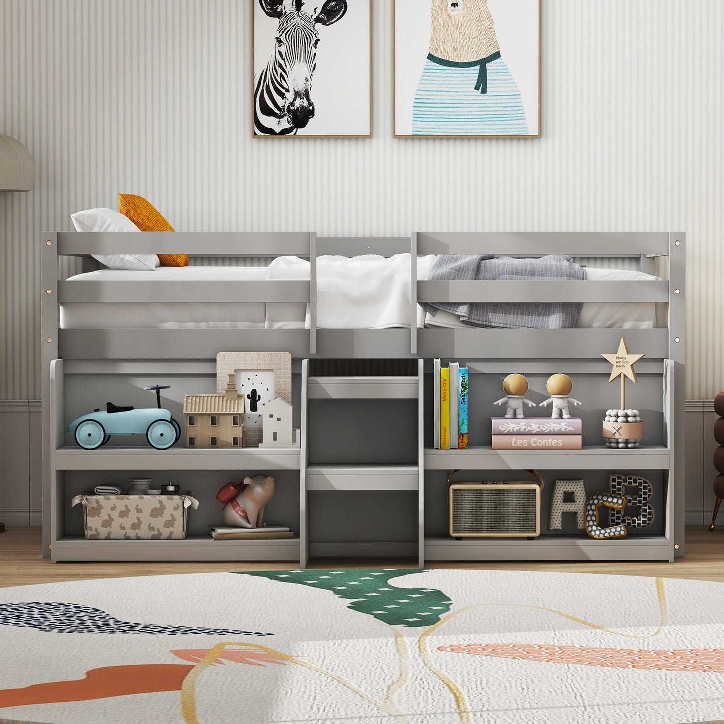 Twin Size Loft Bed with LED Lights with Staircase and Safety Guardrail-Grey Kids Crystal
