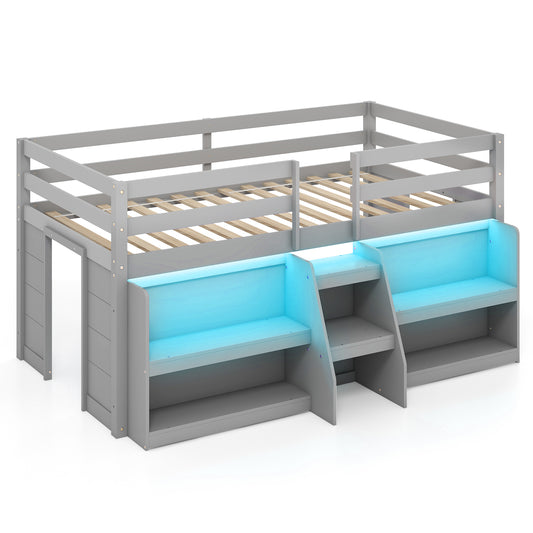Twin Size Loft Bed with LED Lights with Staircase and Safety Guardrail-Grey Kids Crystal