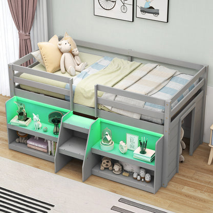 Twin Size Loft Bed with LED Lights with Staircase and Safety Guardrail-Grey