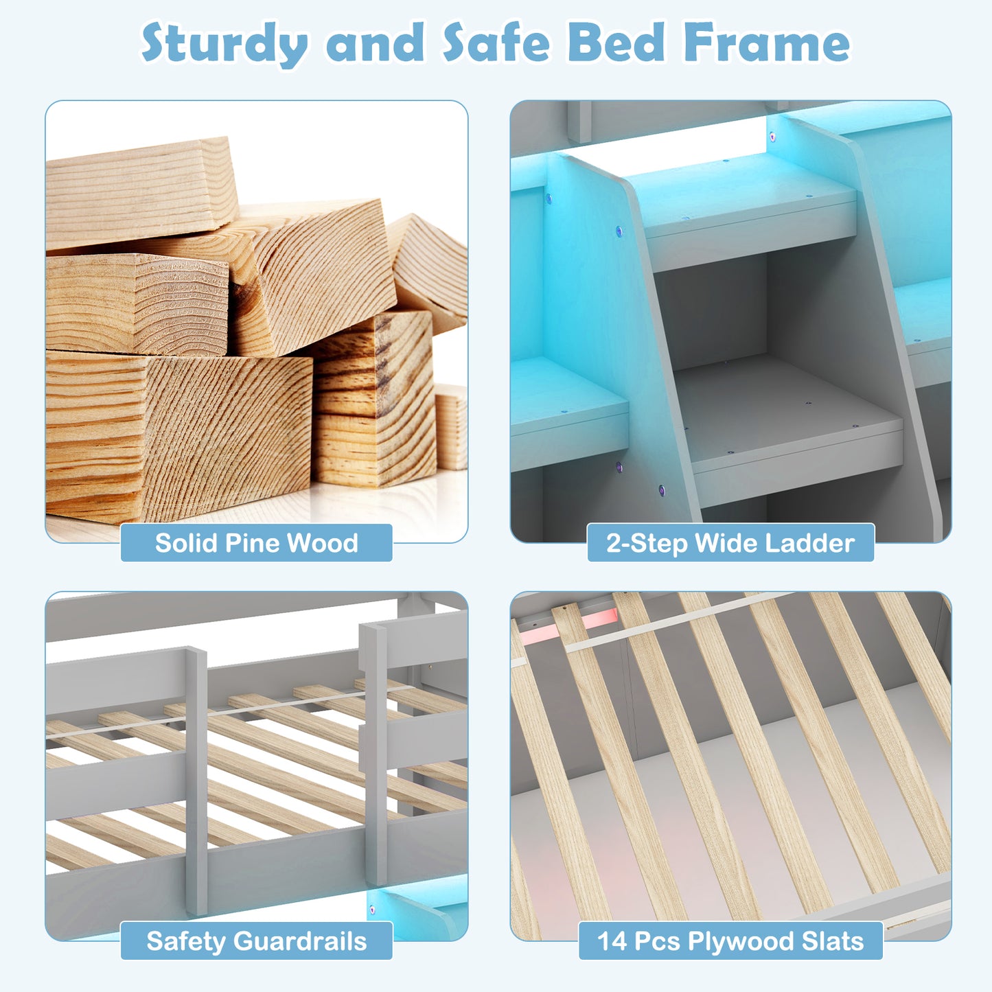 Twin Size Loft Bed with LED Lights with Staircase and Safety Guardrail-Grey Kids Crystal