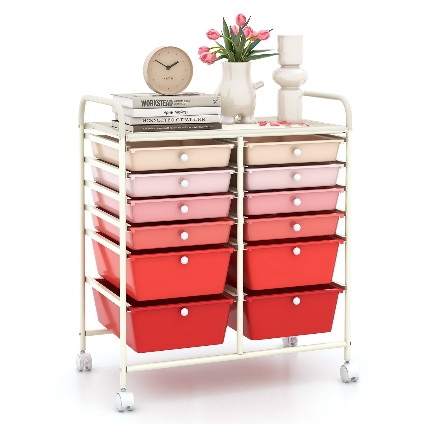 12-Drawer Rolling Storage Cart with Removable Drawers and Lockable Wheels-Pink Kids Crystal