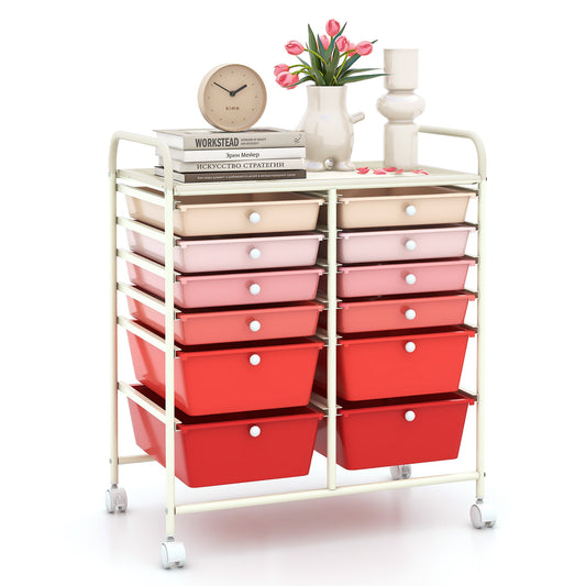 12-Drawer Rolling Storage Cart with Removable Drawers and Lockable Wheels-Pink Kids Crystal