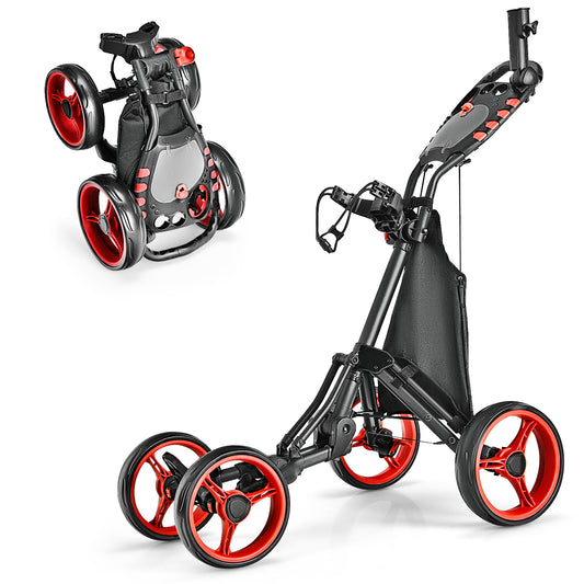 Lightweight Foldable Collapsible 4 Wheels Golf Push Cart-Red Kids Crystal