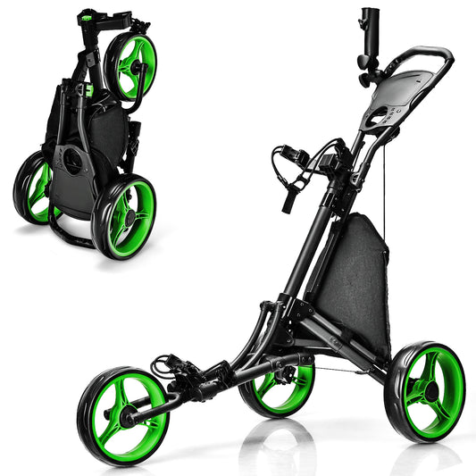 Folding 3 Wheels Golf Push Cart with Bag Scoreboard Adjustable Handle-Green Kids Crystal