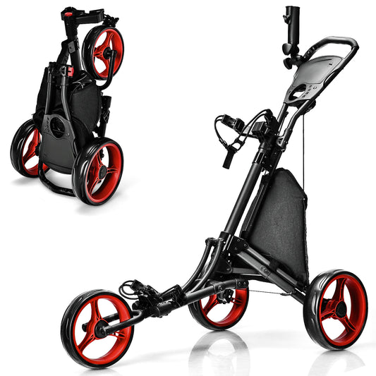 Folding 3 Wheels Golf Push Cart with Bag Scoreboard Adjustable Handle-Red Kids Crystal