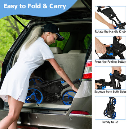 Folding 3 Wheels Golf Push Cart with Bag Scoreboard Adjustable Handle-Blue
