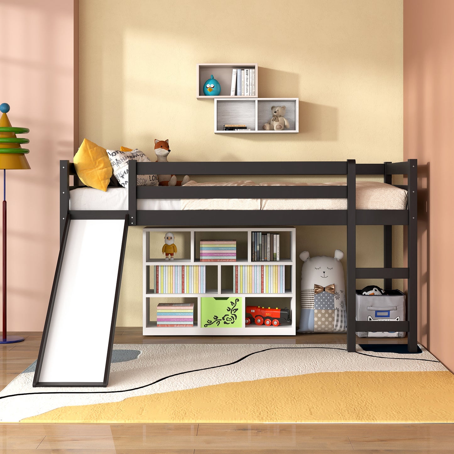 Twin Size Low Sturdy Loft Bed with Slide Wood -Dark Brown Kids Crystal