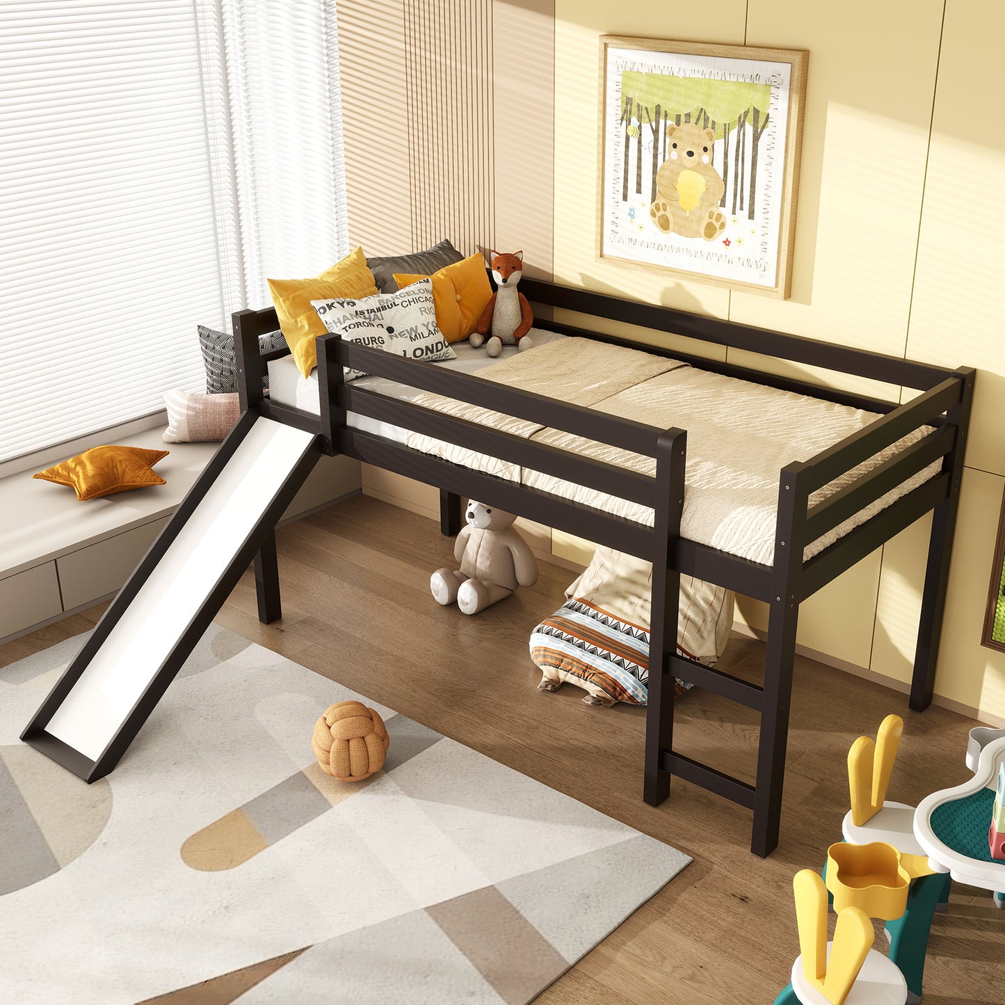 Twin Size Low Sturdy Loft Bed with Slide Wood -Dark Brown Kids Crystal