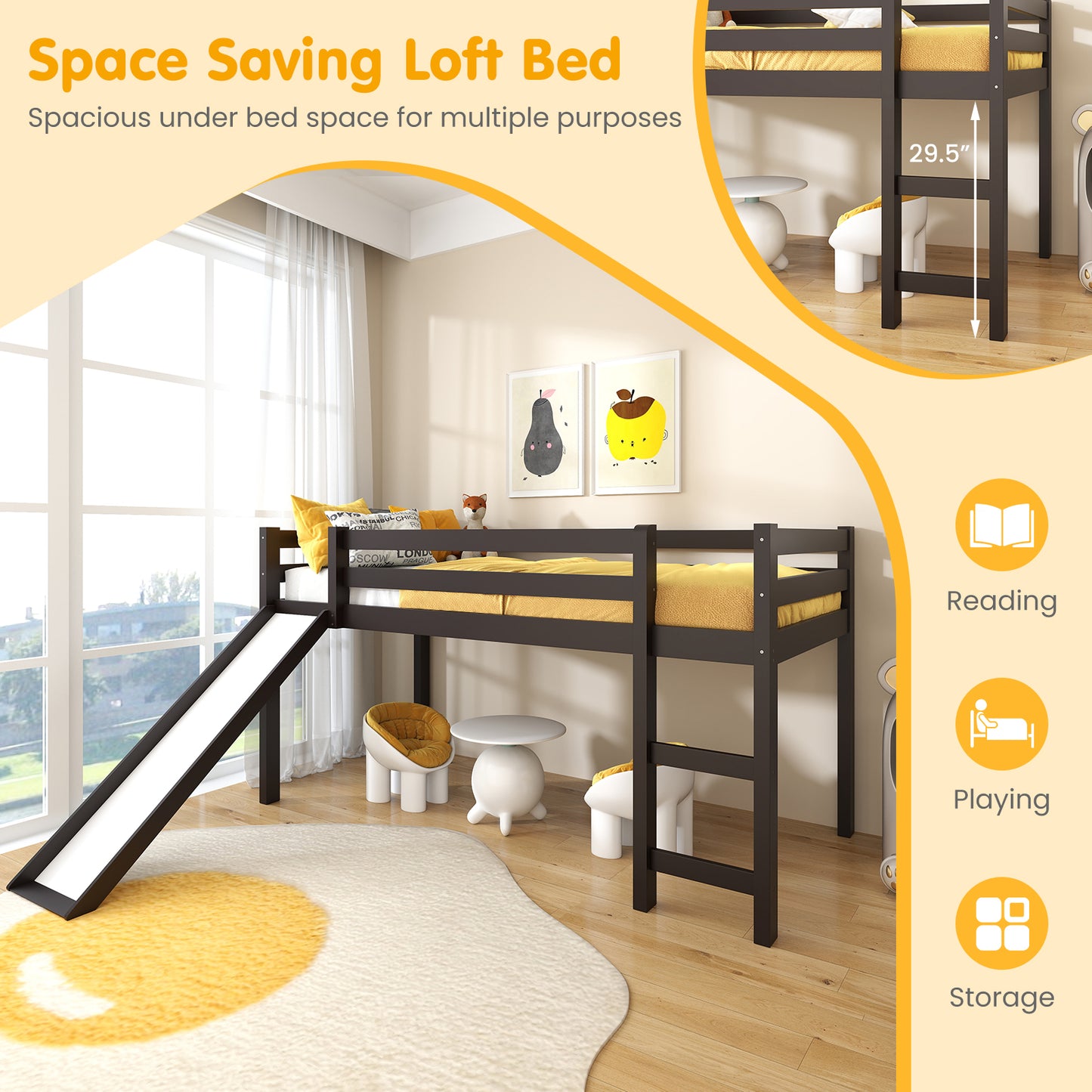 Twin Size Low Sturdy Loft Bed with Slide Wood -Dark Brown Kids Crystal