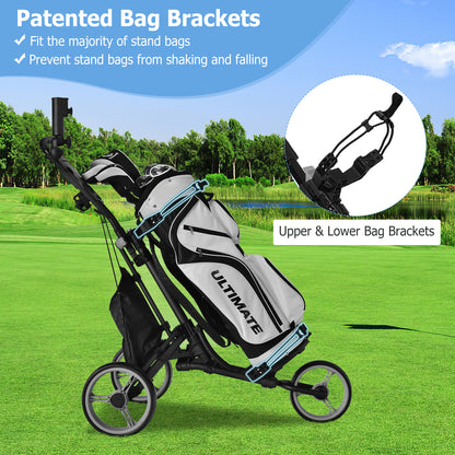 Folding 3 Wheels Golf Push Cart with Bag Scoreboard Adjustable Handle-Gray