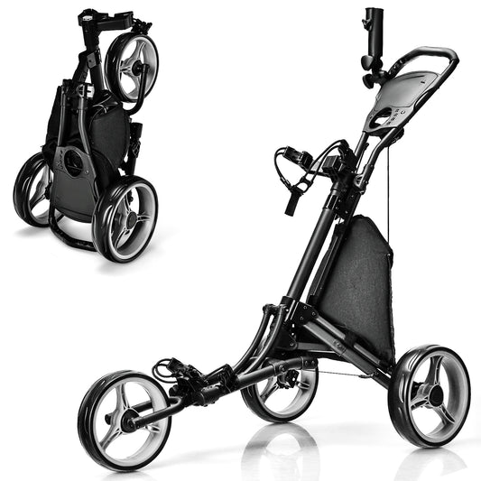 Folding 3 Wheels Golf Push Cart with Bag Scoreboard Adjustable Handle-Gray Kids Crystal