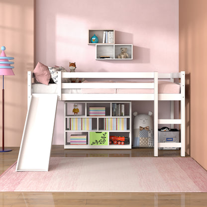 Twin Size Low Sturdy Loft Bed with Slide Wood -White