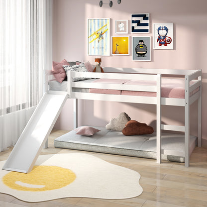 Twin Size Low Sturdy Loft Bed with Slide Wood -White