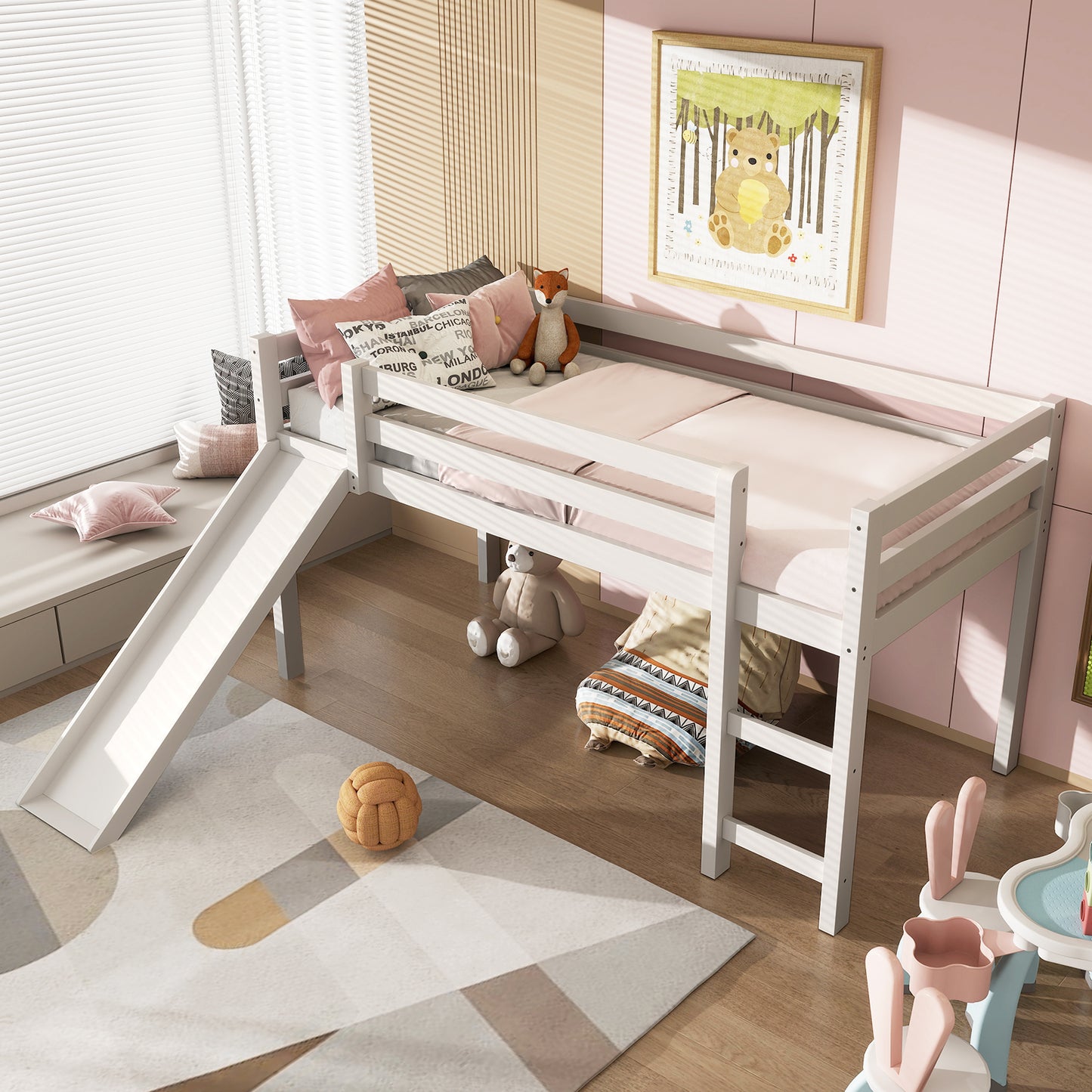 Twin Size Low Sturdy Loft Bed with Slide Wood -White Kids Crystal