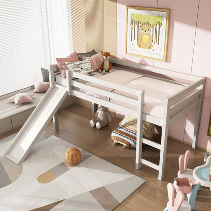Twin Size Low Sturdy Loft Bed with Slide Wood -White