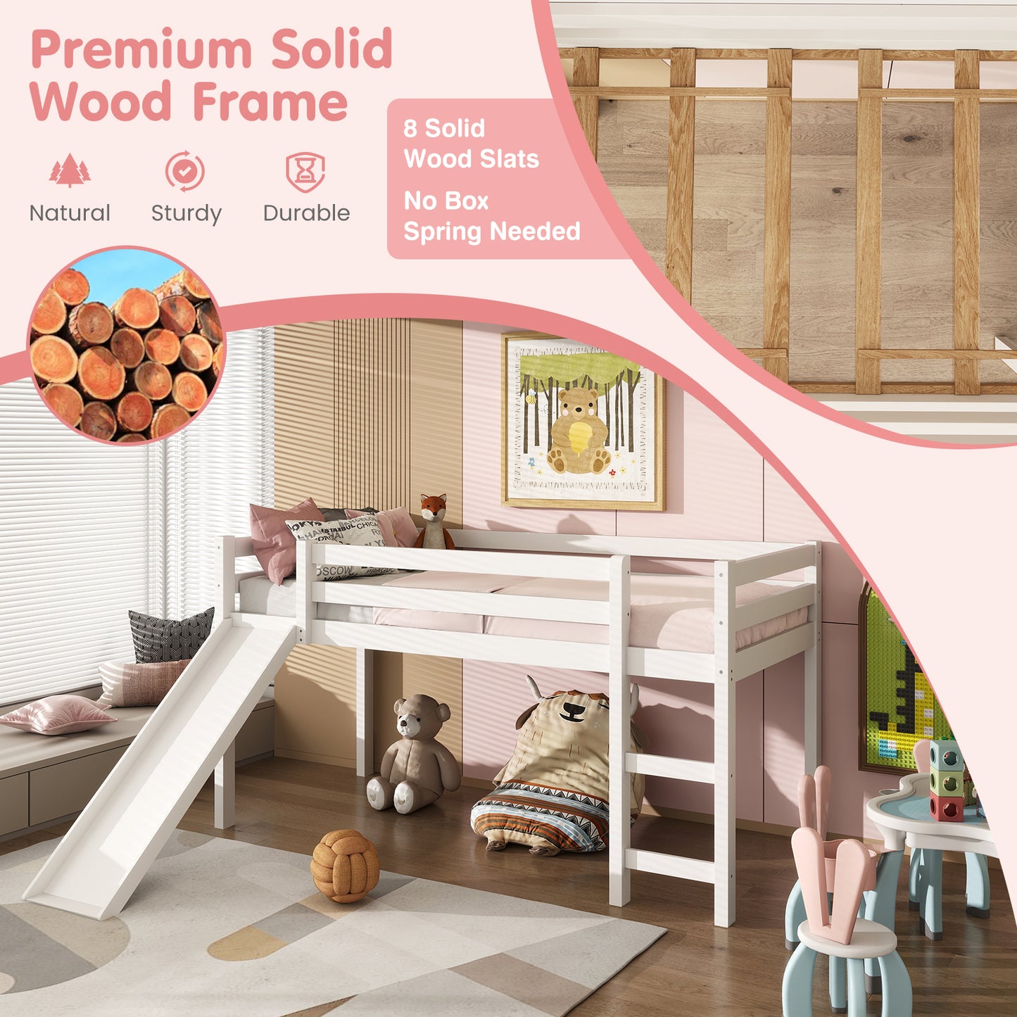 Twin Size Low Sturdy Loft Bed with Slide Wood -White Kids Crystal
