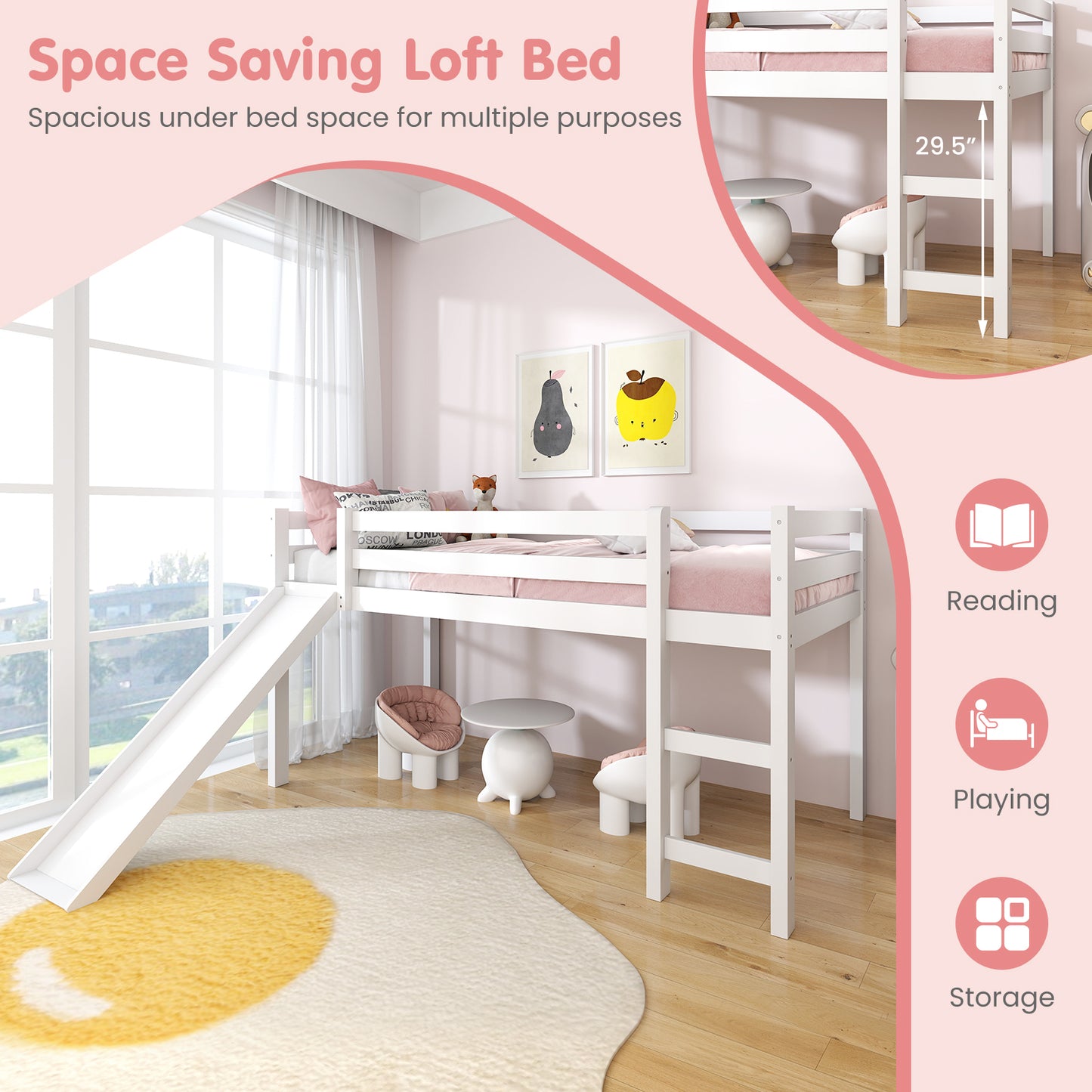 Twin Size Low Sturdy Loft Bed with Slide Wood -White Kids Crystal