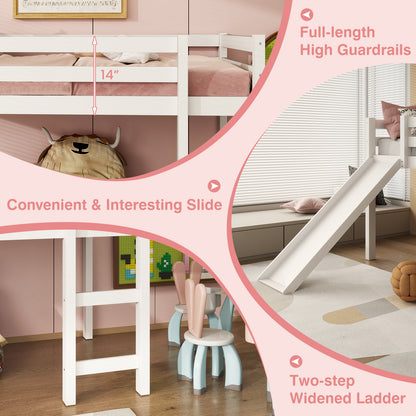 Twin Size Low Sturdy Loft Bed with Slide Wood -White