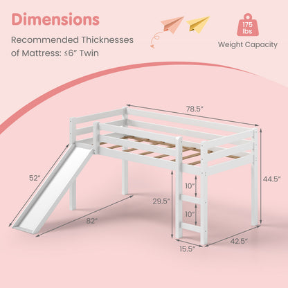 Twin Size Low Sturdy Loft Bed with Slide Wood -White