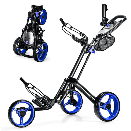 Folding 3 Wheels Golf Push Cart with Brake Scoreboard Adjustable Handle-Blue Kids Crystal