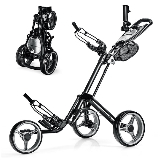 Folding 3 Wheels Golf Push Cart with Brake Scoreboard Adjustable Handle-Gray Kids Crystal