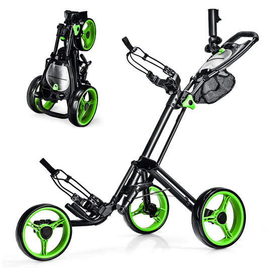 Folding 3 Wheels Golf Push Cart with Brake Scoreboard Adjustable Handle-Green Kids Crystal