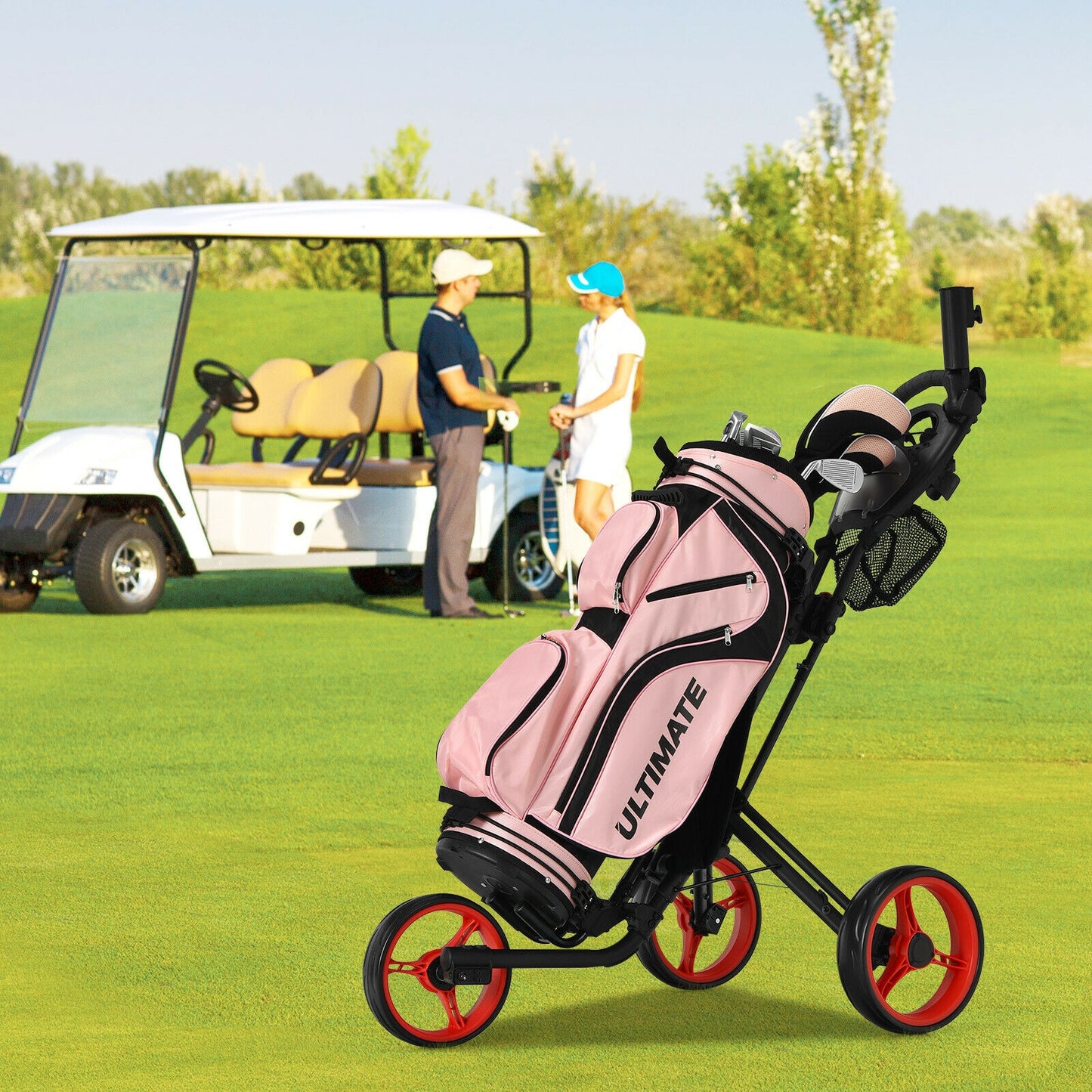 Folding 3 Wheels Golf Push Cart with Brake Scoreboard Adjustable Handle-Red Kids Crystal