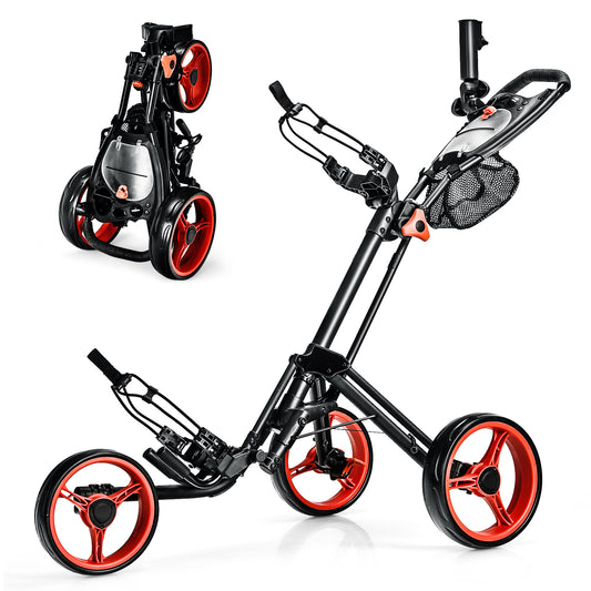 Folding 3 Wheels Golf Push Cart with Brake Scoreboard Adjustable Handle-Red Kids Crystal