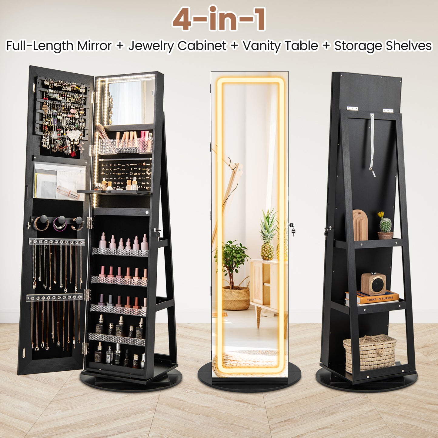 Standing Jewelry Cabinet with Adjustable LED Lights-Black Kids Crystal