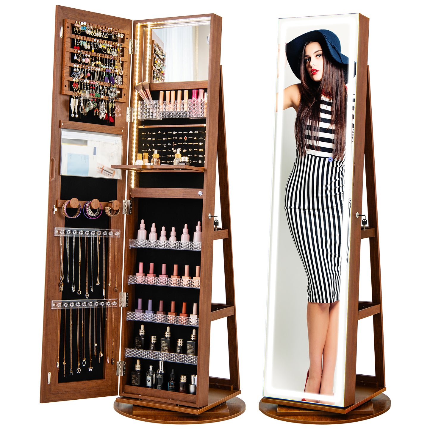 Standing Jewelry Cabinet with Adjustable LED Lights-Brown Kids Crystal