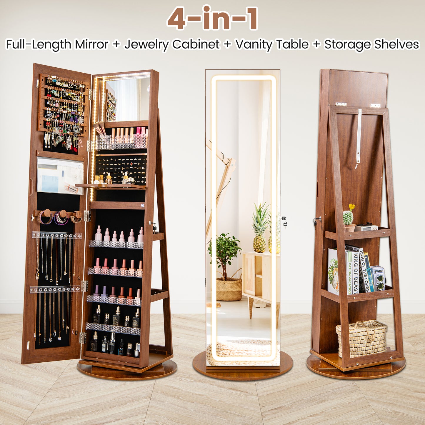 Standing Jewelry Cabinet with Adjustable LED Lights-Brown Kids Crystal