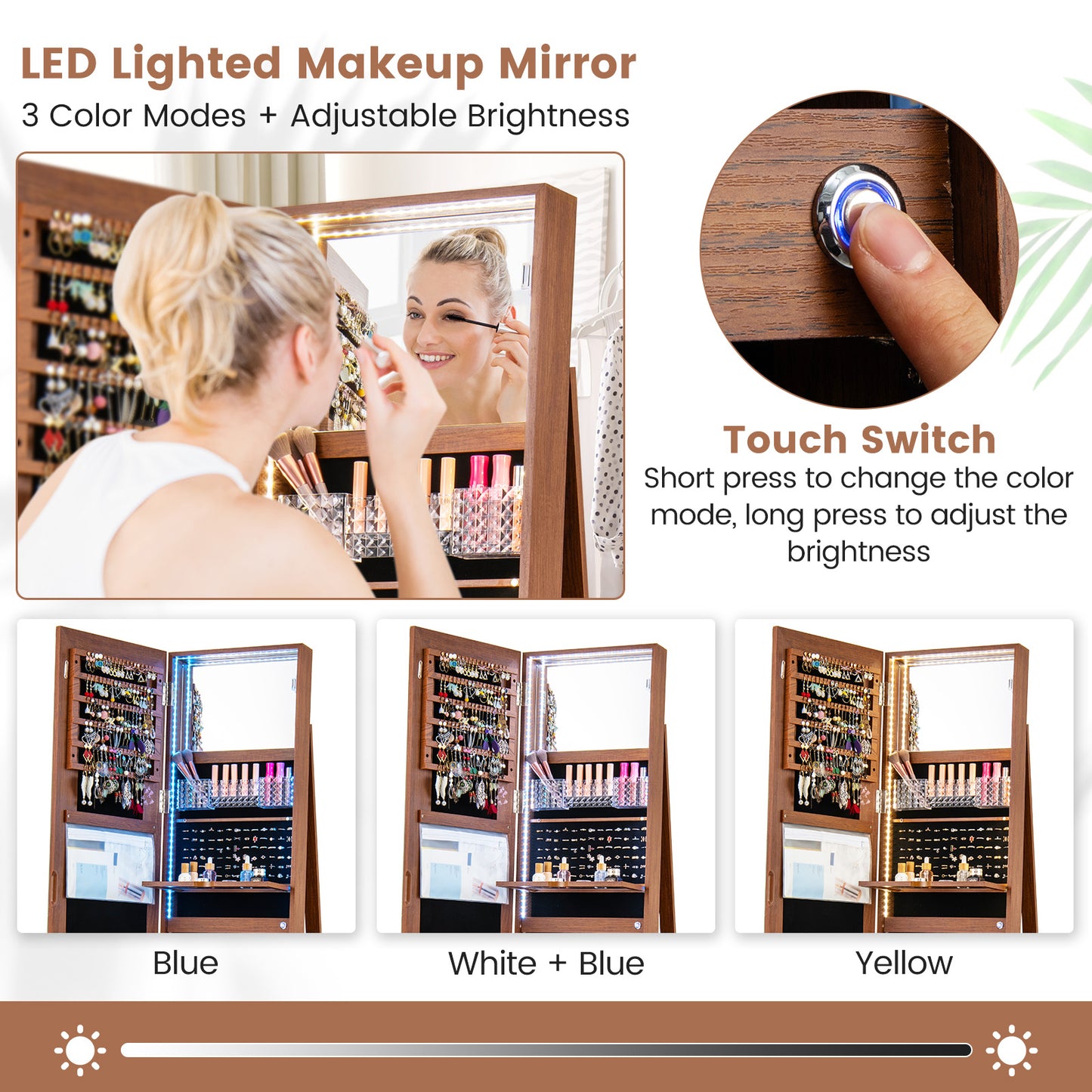 Standing Jewelry Cabinet with Adjustable LED Lights-Brown Kids Crystal