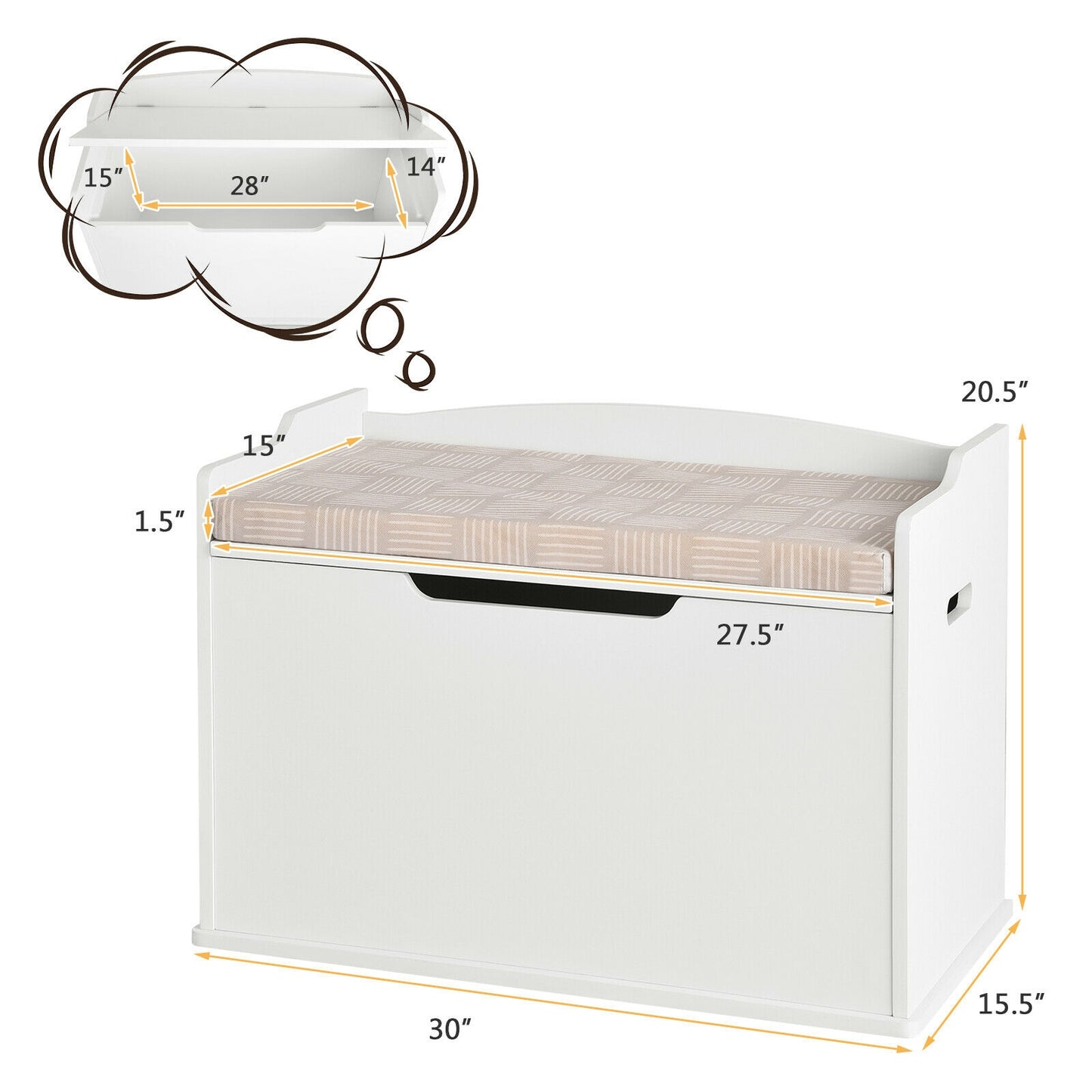 Kids Toy Wooden Flip-top Storage Box Chest Bench with Cushion Hinge-White Kids Crystal