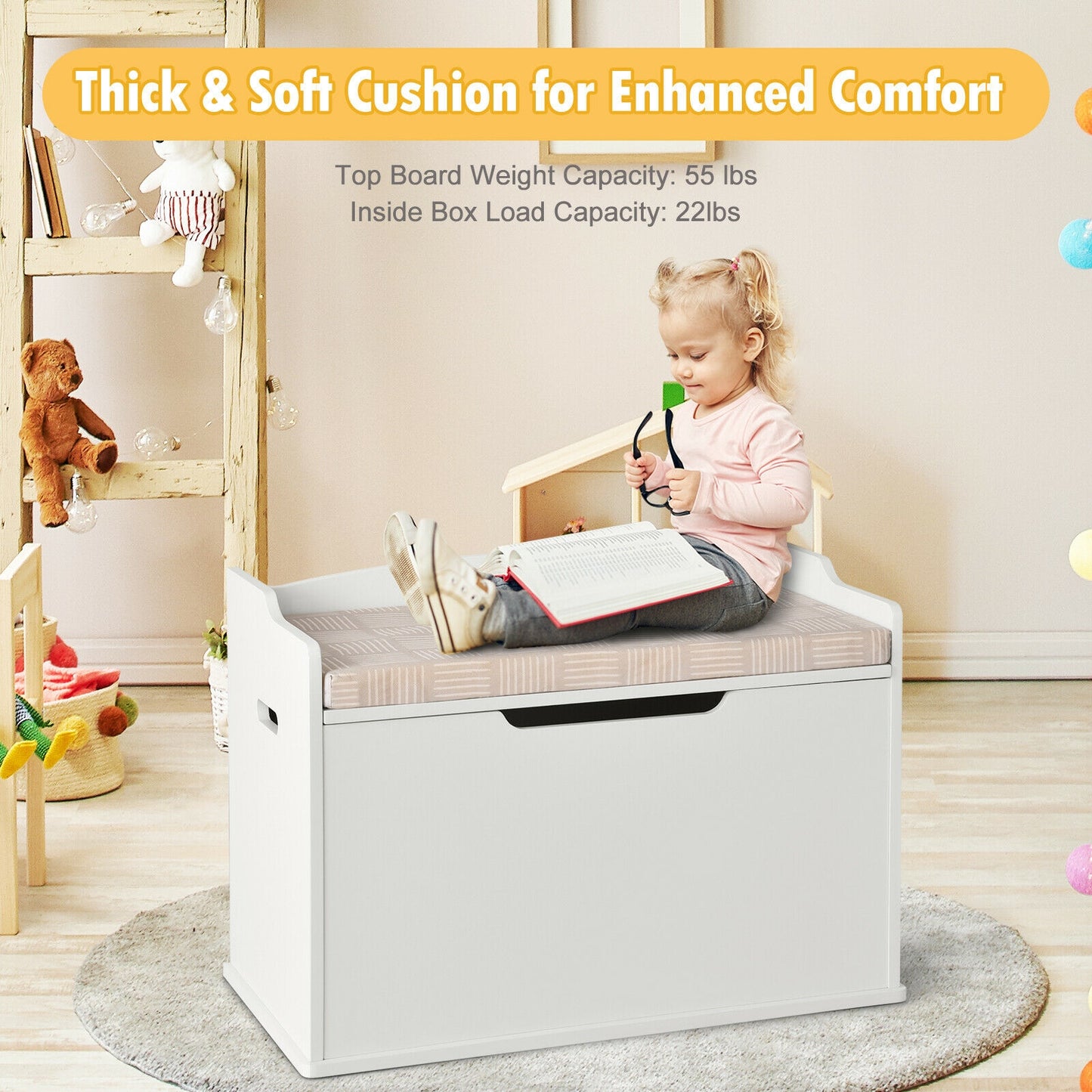 Kids Toy Wooden Flip-top Storage Box Chest Bench with Cushion Hinge-White Kids Crystal