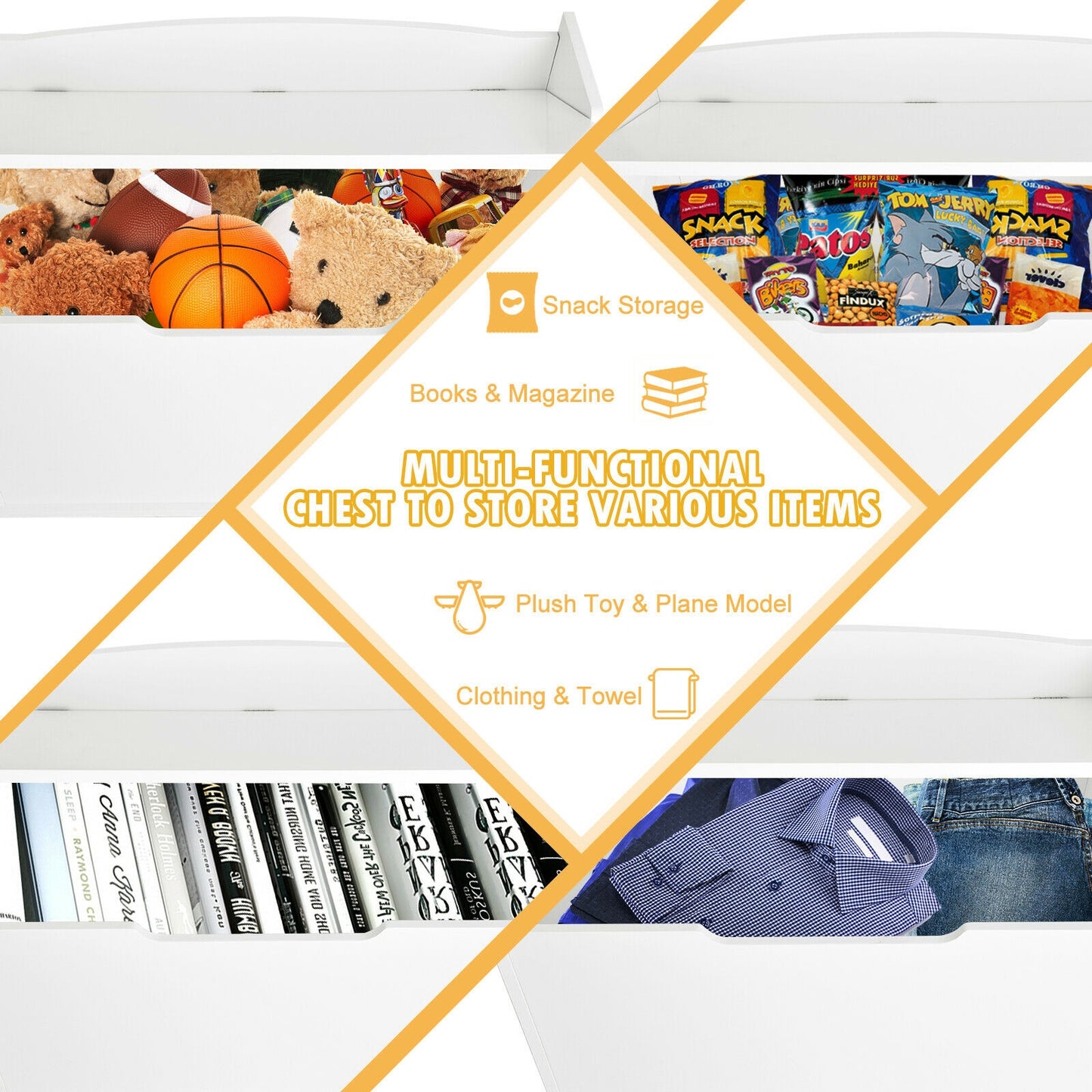 Kids Toy Wooden Flip-top Storage Box Chest Bench with Cushion Hinge-White Kids Crystal
