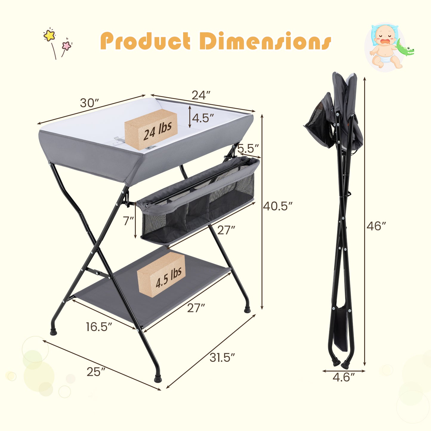 Baby Storage Folding Diaper Changing Table-Gray Kids Crystal
