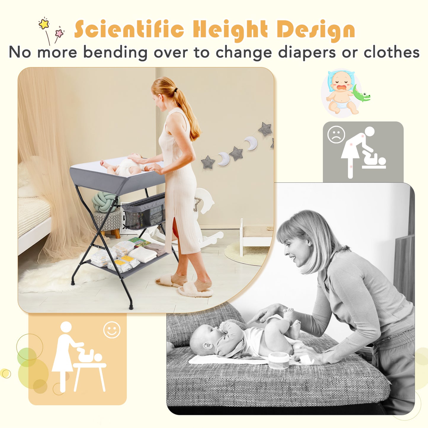 Baby Storage Folding Diaper Changing Table-Gray Kids Crystal