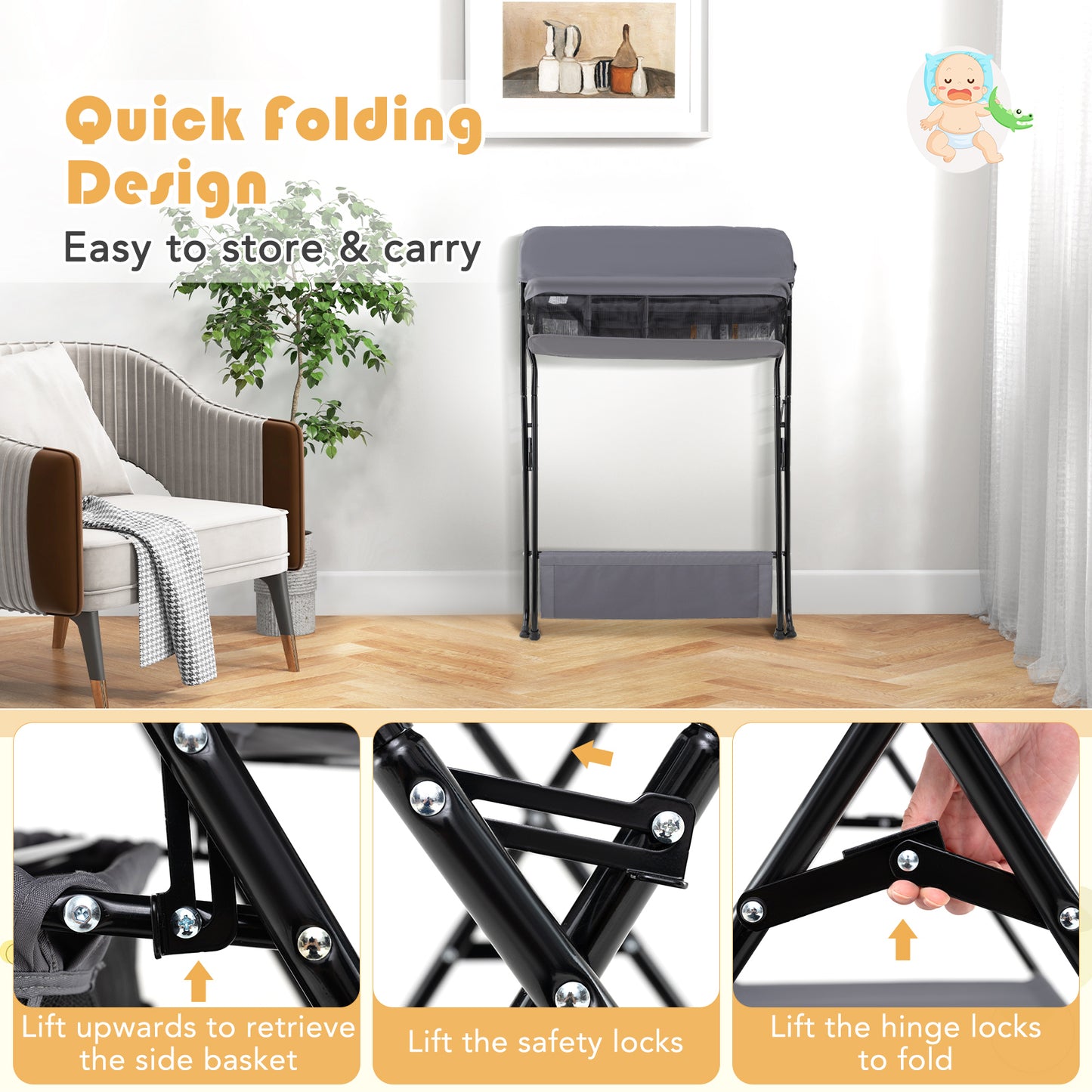 Baby Storage Folding Diaper Changing Table-Gray Kids Crystal