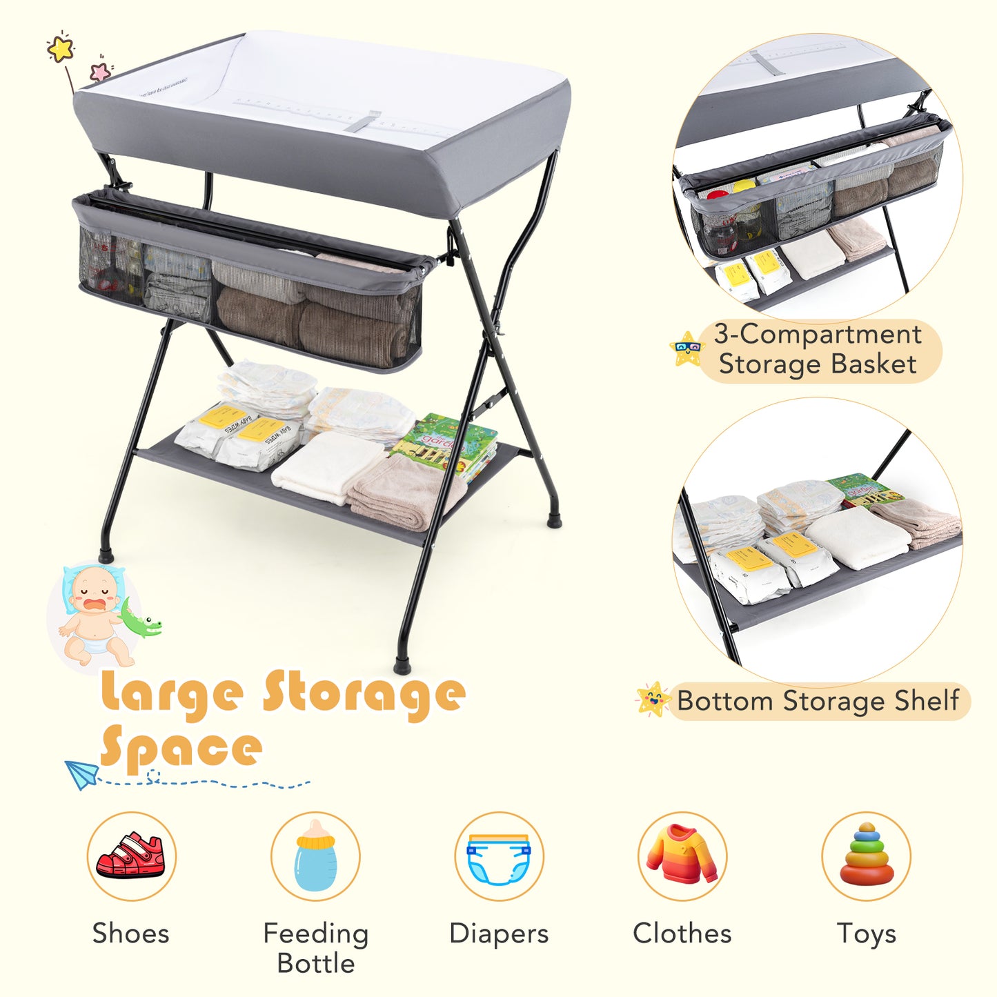 Baby Storage Folding Diaper Changing Table-Gray Kids Crystal