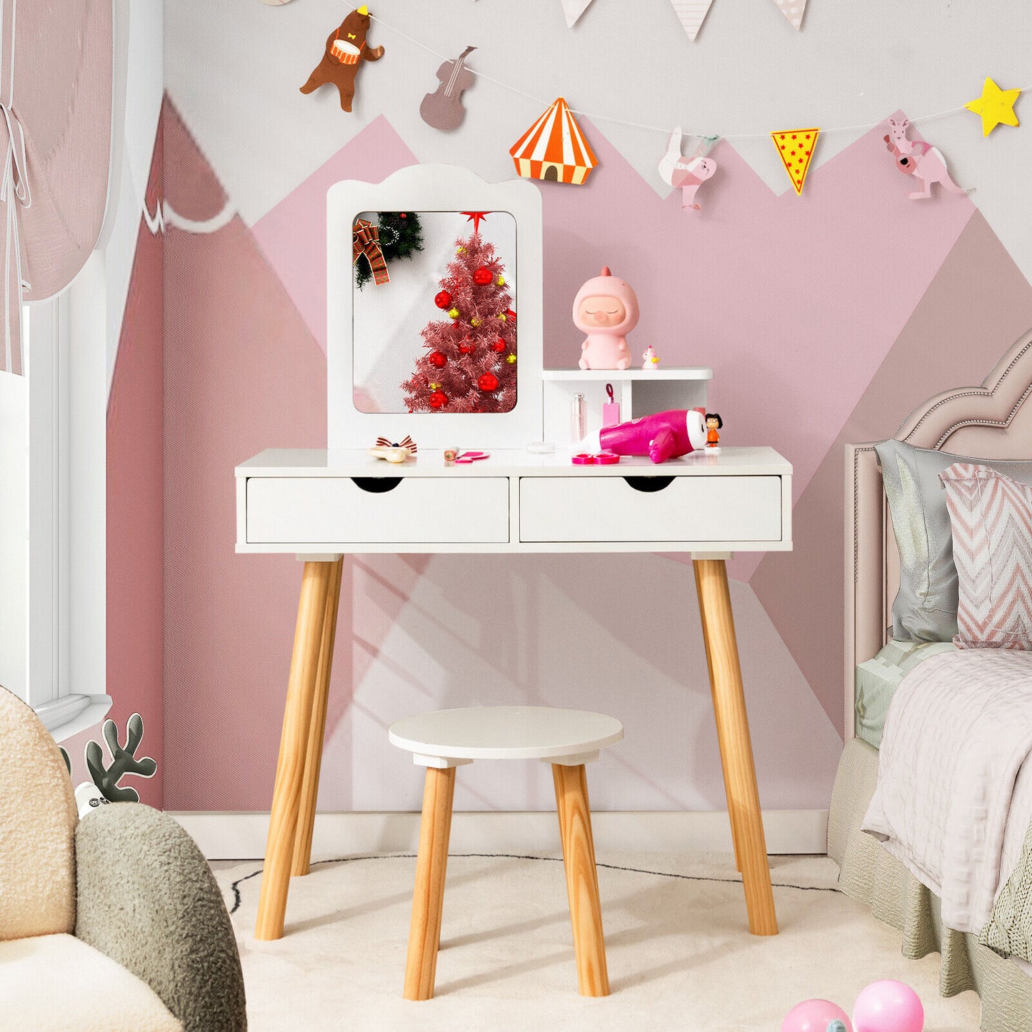 Kid Vanity Table Chair Set with Mirror and 2 Large Storage Drawers-White Kids Crystal