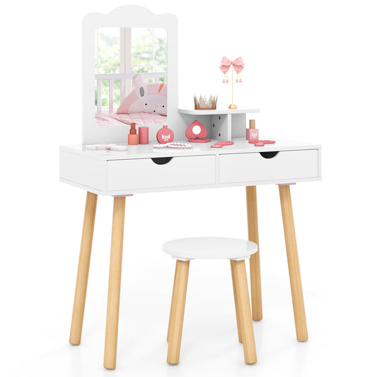 Kid Vanity Table Chair Set with Mirror and 2 Large Storage Drawers-White Kids Crystal