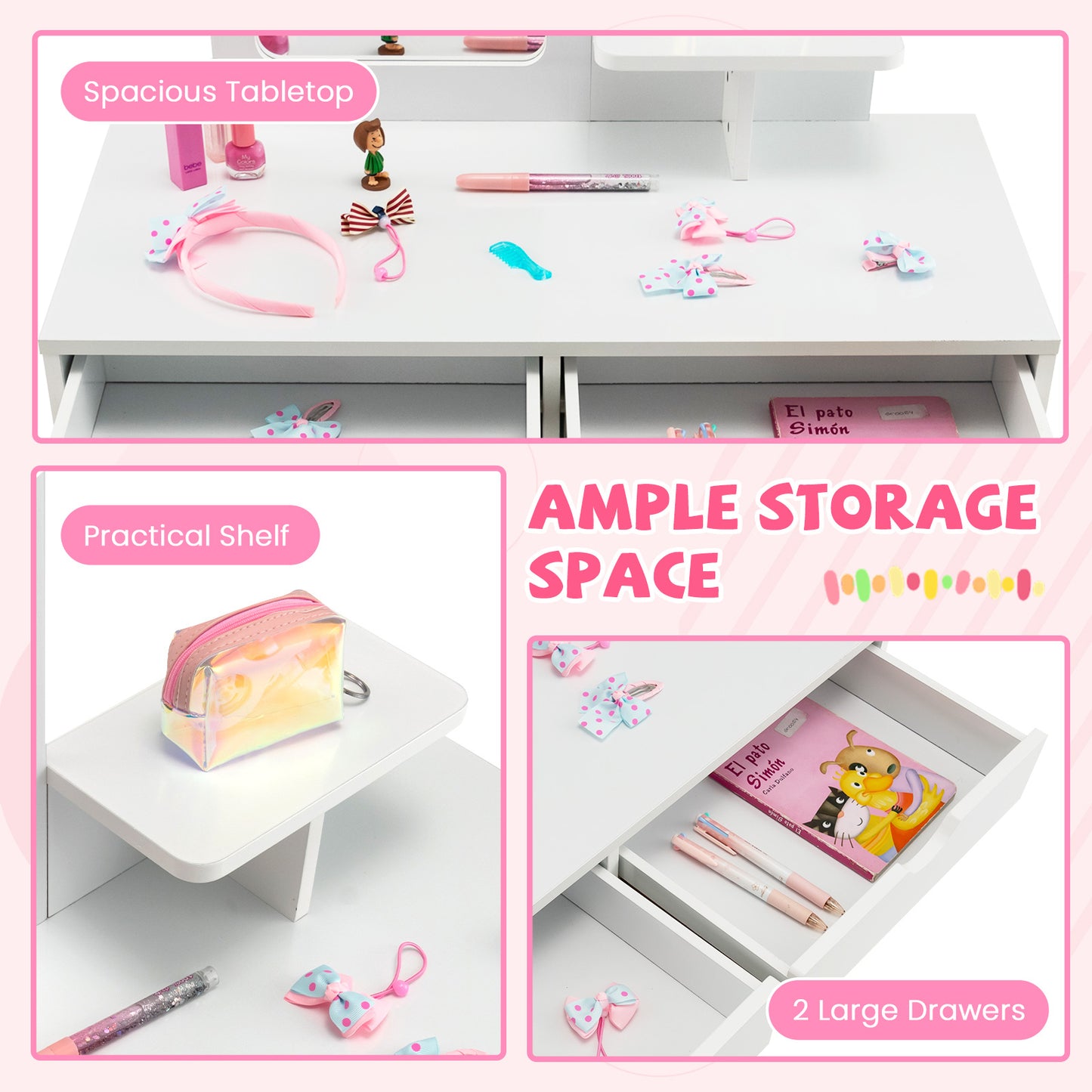 Kid Vanity Table Chair Set with Mirror and 2 Large Storage Drawers-White Kids Crystal