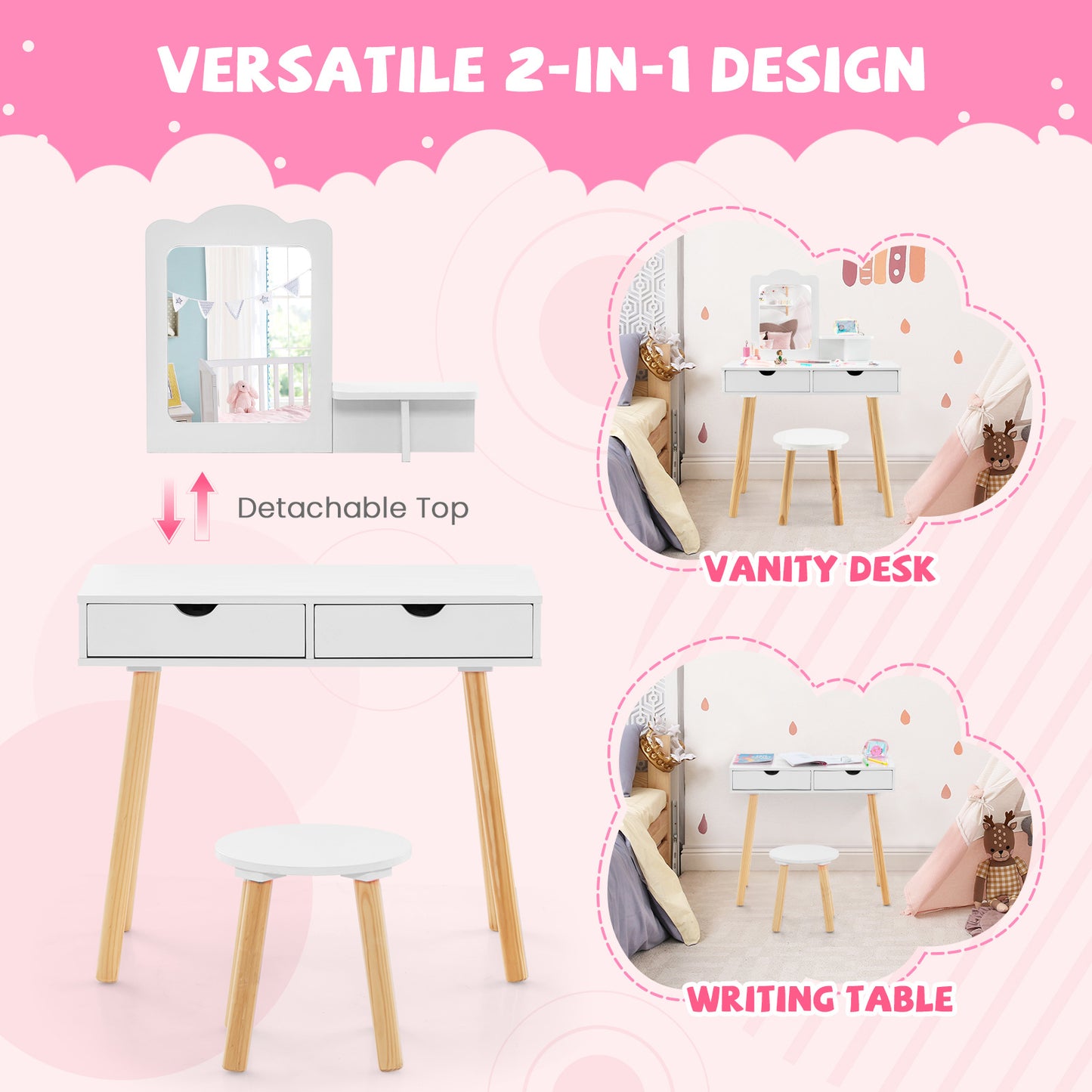 Kid Vanity Table Chair Set with Mirror and 2 Large Storage Drawers-White Kids Crystal