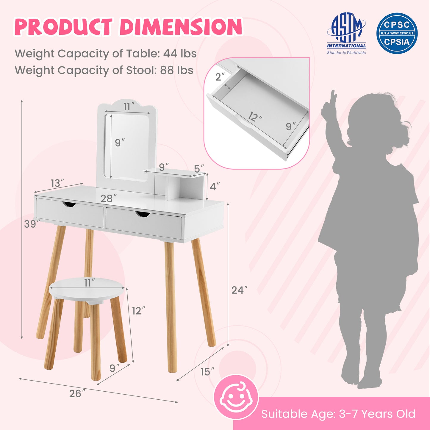Kid Vanity Table Chair Set with Mirror and 2 Large Storage Drawers-White Kids Crystal