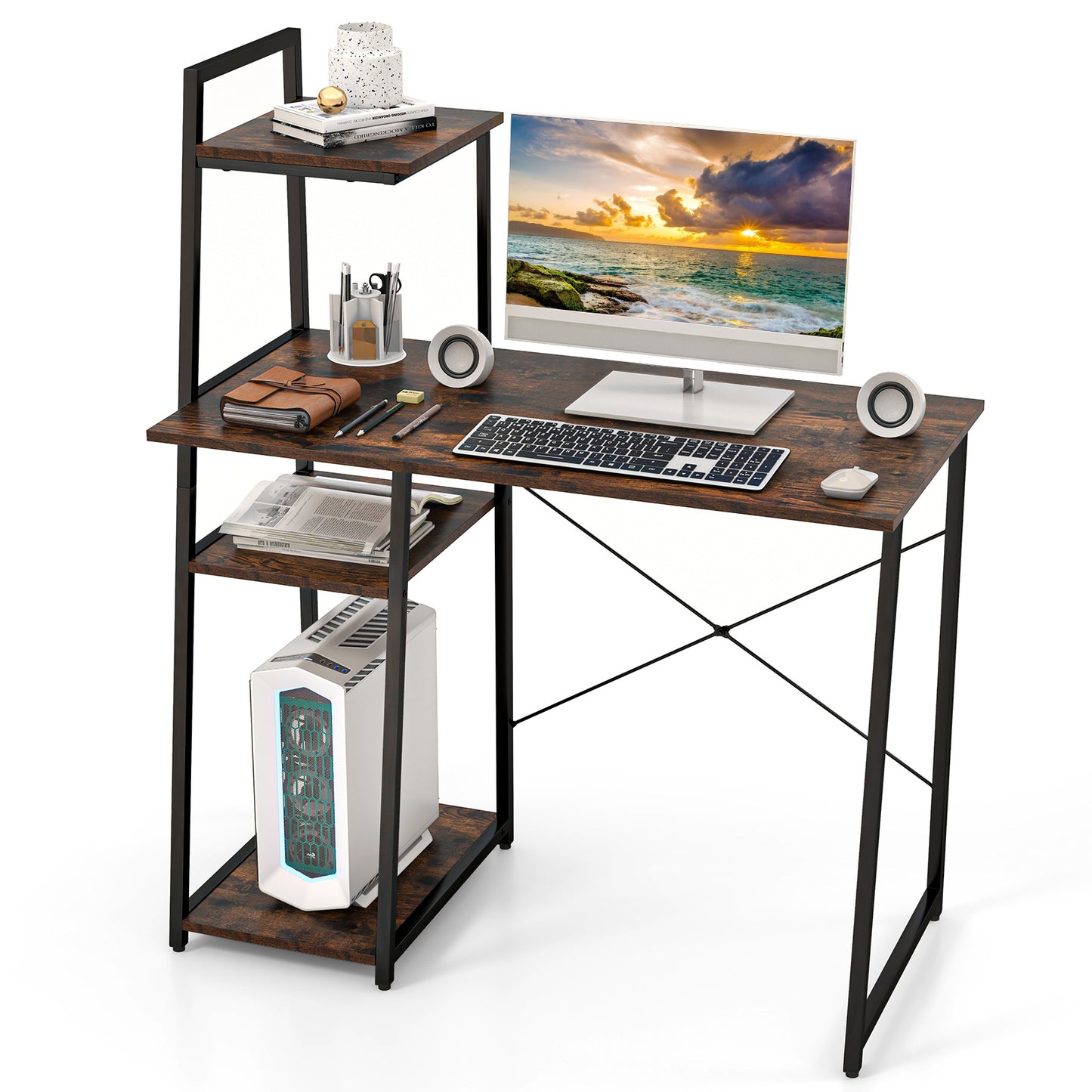 Computer Desk with Shelves and 3-Tier Storage Bookshelf-Brown Kids Crystal