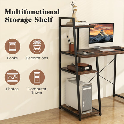 Computer Desk with Shelves and 3-Tier Storage Bookshelf-Brown