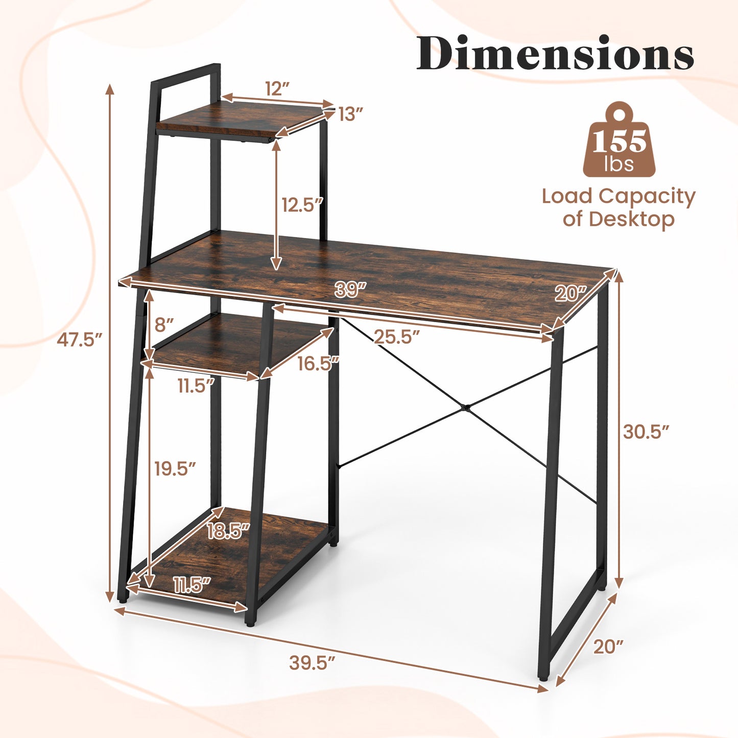 Computer Desk with Shelves and 3-Tier Storage Bookshelf-Brown Kids Crystal