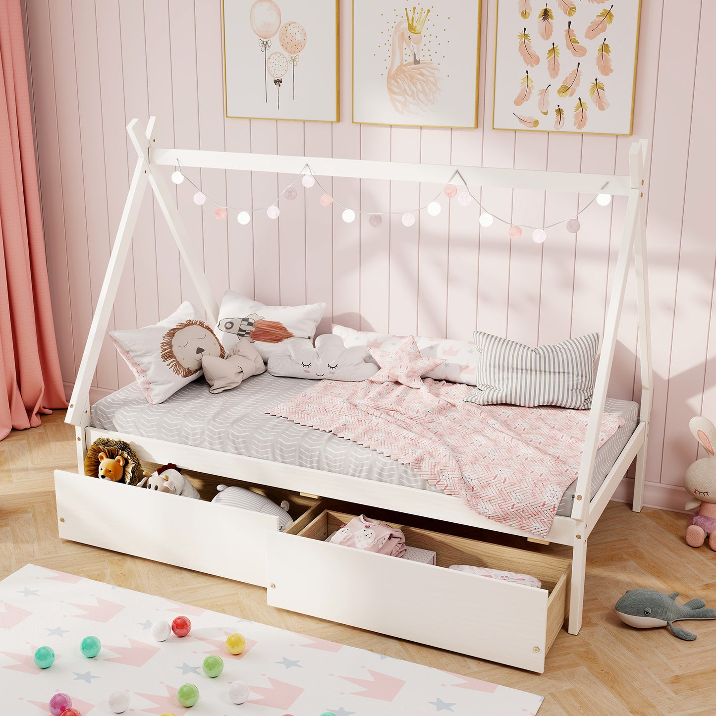 Twin Size Wooden Tent Platform House Bed with 2 Drawers-White Kids Crystal