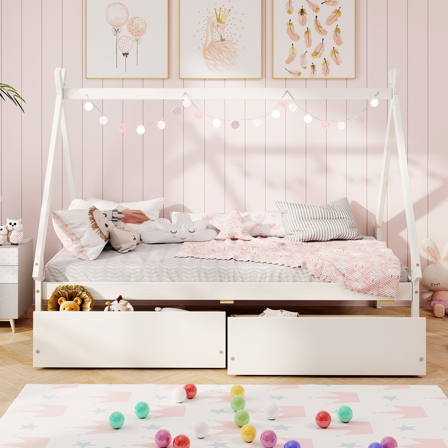Twin Size Wooden Tent Platform House Bed with 2 Drawers-White Kids Crystal